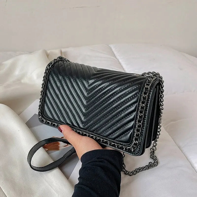 Simple Small Square Bag With Chain Decoration V Embroidery Thread Single Shoulder Crossbody Bag