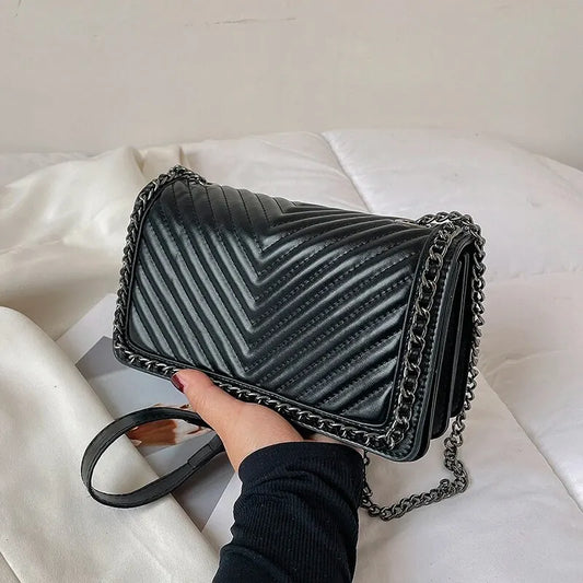 Simple Small Square Bag With Chain Decoration V Embroidery Thread Single Shoulder Crossbody Bag