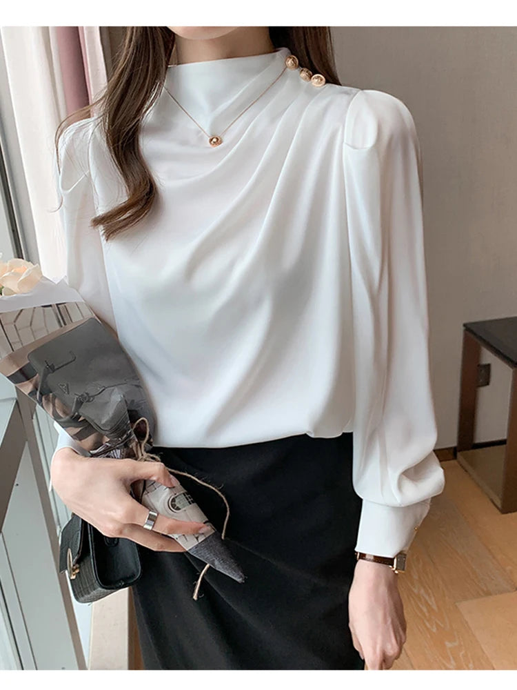 Women Shirt Long Puff Sleeve Satin Chiffon Tops Elegant High Collar Blouses Red White Blue Ladies Tops Blusas