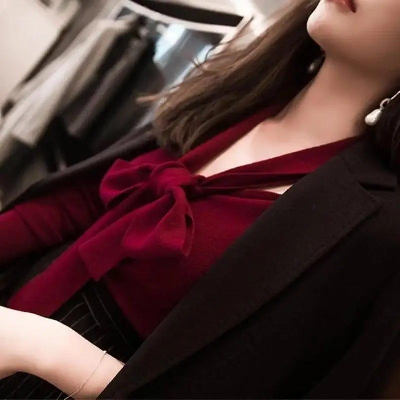 Autumn Winter New Fashion Fashion V-Neck Bow Spliced Knitted Long Sleeve Solid Color Simplicity Slim Women's Casual Sweaters Top