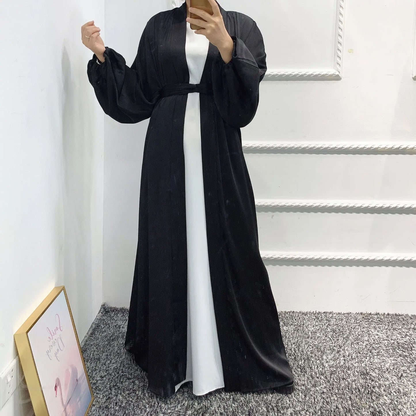 Elastic Cuff Muslim Dress for Women High Quality Polyester Open Abaya With Belt