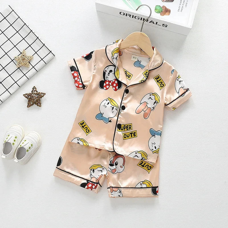 Kids Ice Silk Pajama Set Summer Baby Boys Silk Satin Cardigan Short Sleeve+Shorts 2Pcs Sets Children Casual Home Sleepwear