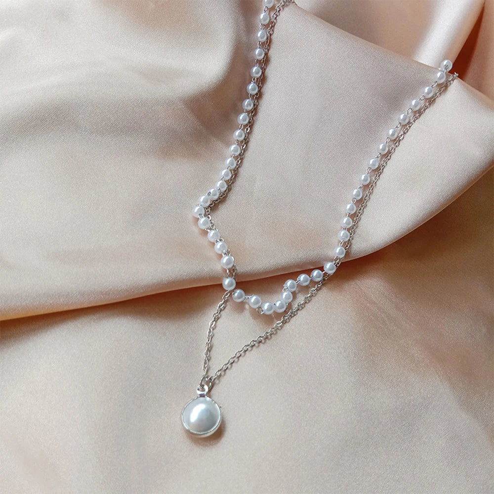 New Fashion  Pearl Choker Necklace Cute Double Layer Chain Pendant For Women Jewelry Girl Gift