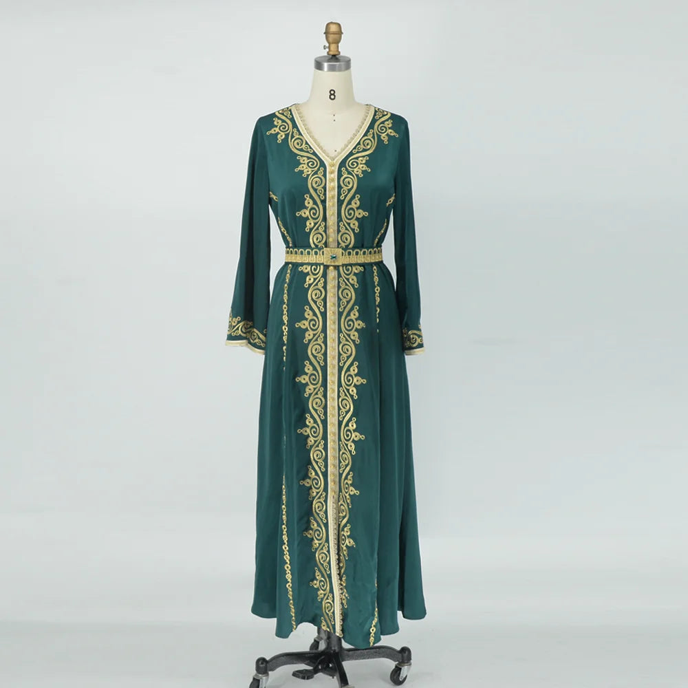 Maxi Dress Kaftan Floral Embroidered Women Jellaba Muslim Clothing Long Sleeve Abaya Ladies Evening Dresses