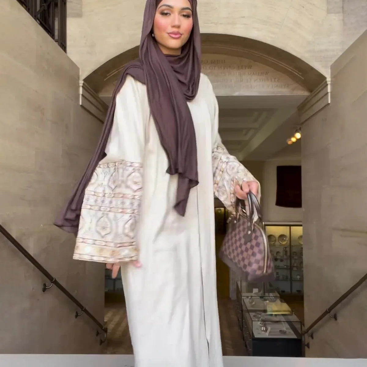 Muslim Abaya for Women New Print Bohemian Style Bubble Sleeves Loose Cotton and Hemp Long Skirt for Women