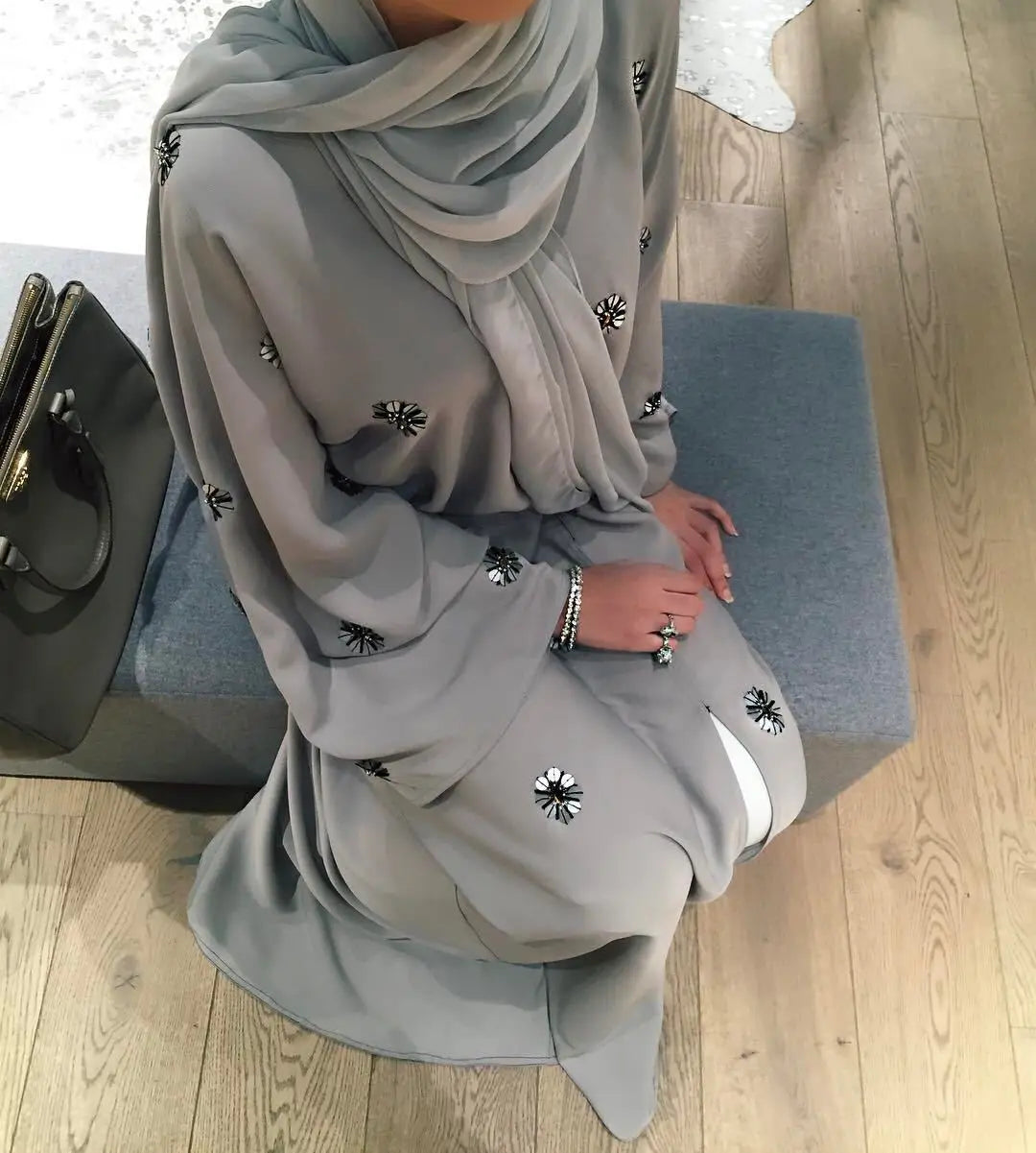 Turkish Style Embroidery Flower Pearl Decoration Grey Color Front Open Crepe Abaya Muslim Dresses