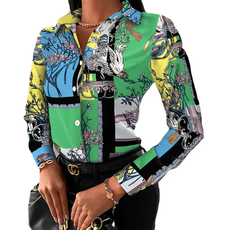 Casual Geometric Printed Shirt Turn-down Collar Long Sleeve Single Breasted Shirt Temperament Fashion Office Women's Top