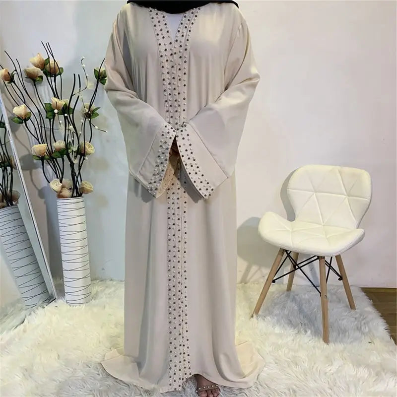 Abaya For Women Elegant Pure Color Muslim Pearl Trim Cardigan Long Sleeves Robe