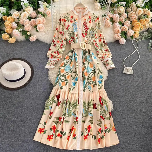 Autumn Runway Maxi Dress Women's Long Sleeve Stand Gorgeous Flower Print Long Dress Female Buttons up Sashes Holidays Dress