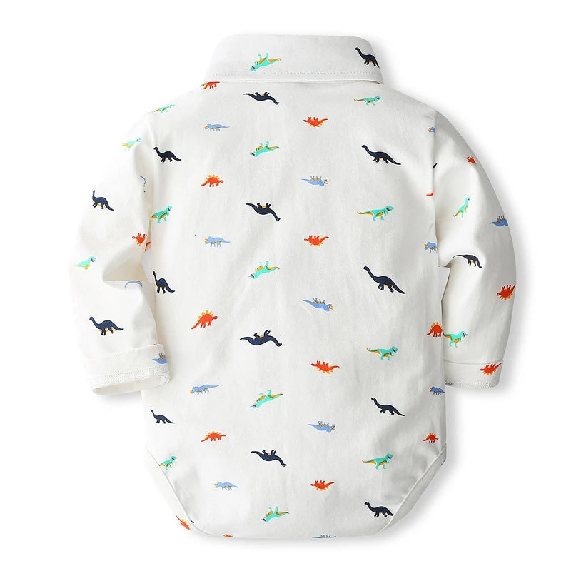 Baby Boys Gentleman Clothes 3pcs Sets Long Sleeve Dinosaur Printed Bow Tie Romper Overall Pants with Hats Boys Clothing 0-24M