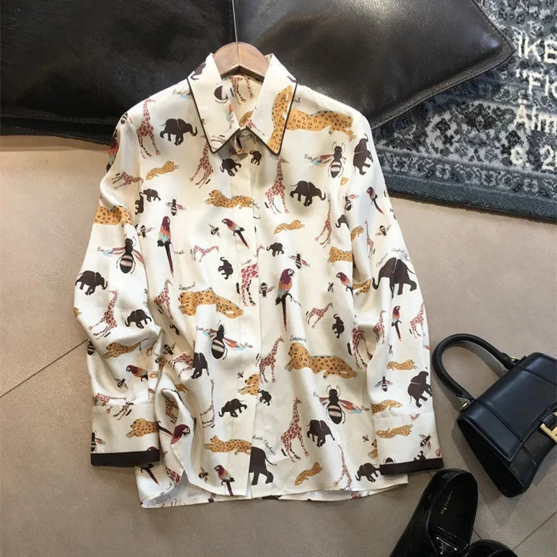 Women Spring Summer Satin blouses Blouses Shirt Lady Casual Long Sleeve Turn-down Collar Print Slim Tops