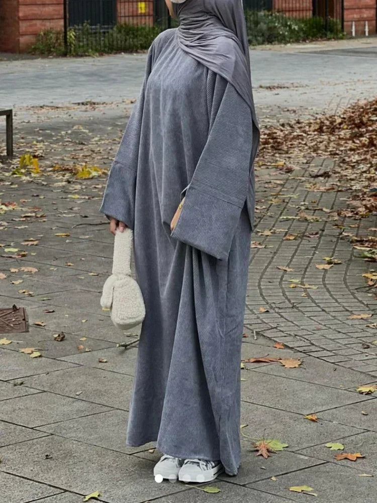 Winter Corduroy Abaya Long Dresses for Muslim Woman Green Abayas Dubai Luxury Hijab Dress Turkey Islamic Modest Clothing Kaftan
