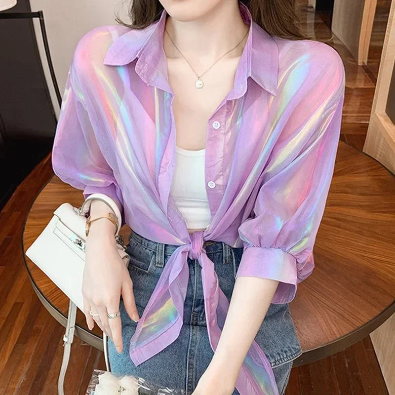 Women Shining Sparkles Tied Waist Sexy Chiffon Blouses Shirts For Women