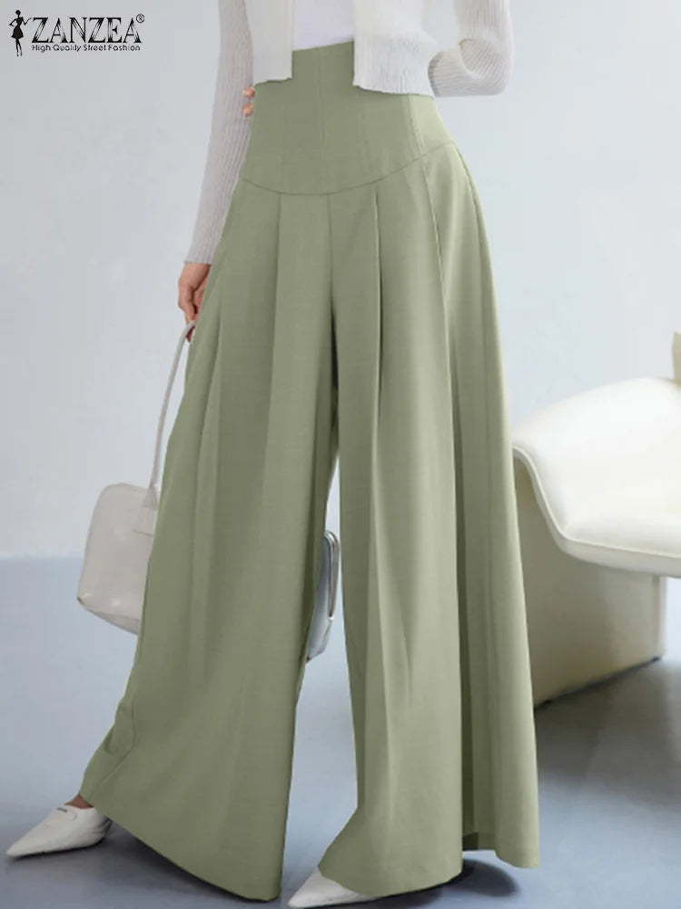Elegant Women Pants Fashion Pleated Wide Leg Pants Casual Elastic High Waist Long Trousers Solid Party Thin Pantalon