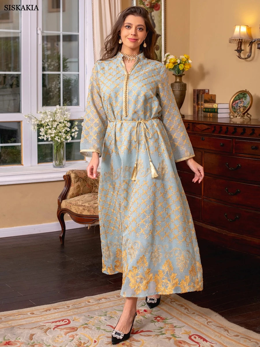 Ramadan Dresses Elegant Ethnic Floral Embroidery Kaftan Dress Moroccan Muslim Dubai Abaya Luxury Women Clothes