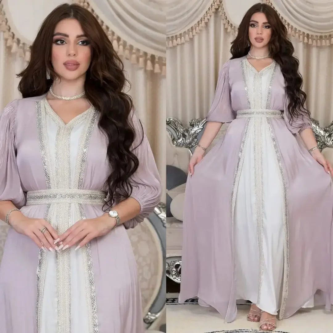 Morocco Muslim Party Dress for Women Satin Abaya 3 Piece Matching Set Turkey Dubai Luxury Kaftan Evening Long Dresses Eid Abayas