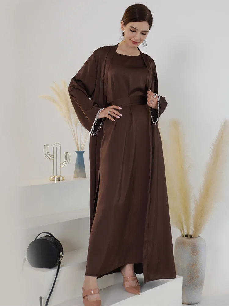 Satin Beading Open Kimono Solid Full Sleeve Sashes Arabic Robe Included Pockets