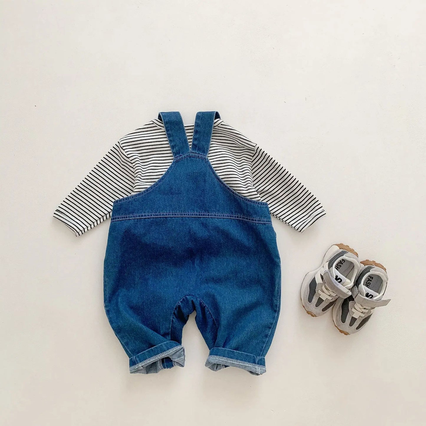 Baby Spring Autumn Clothes Bear Embroidery Denim Jumpsuit Black Striped Bottoming T shirt Baby Boys Girls Cute Set
