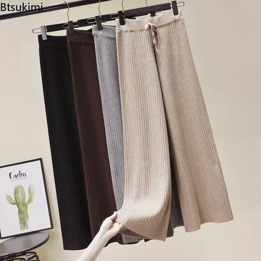 Drape High Waist Wide Leg Pants for Women Autumn Winter Casual Loose Knit Straight Leg Pants Lace-up Women Solid Trousers