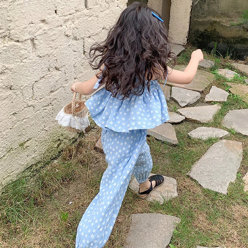 Summer Girls' Clothing Sets Sweet Cute Floral Camisole Plus Anti-Mosquito Pants Fashion Baby Kids Outfit Children Girls Clothes kids girls  toddlers