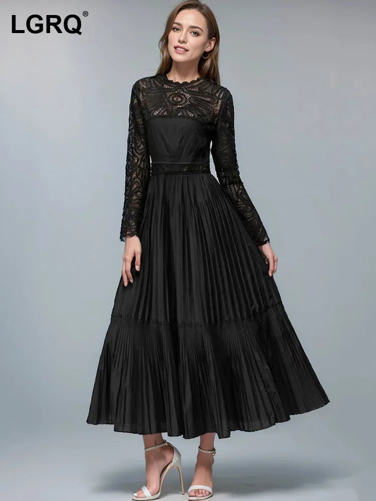 Solid Pleated Patchwork Jacquard Dresses For Women Round Neck Long Sleeve High Waist Dress Female Spring  New