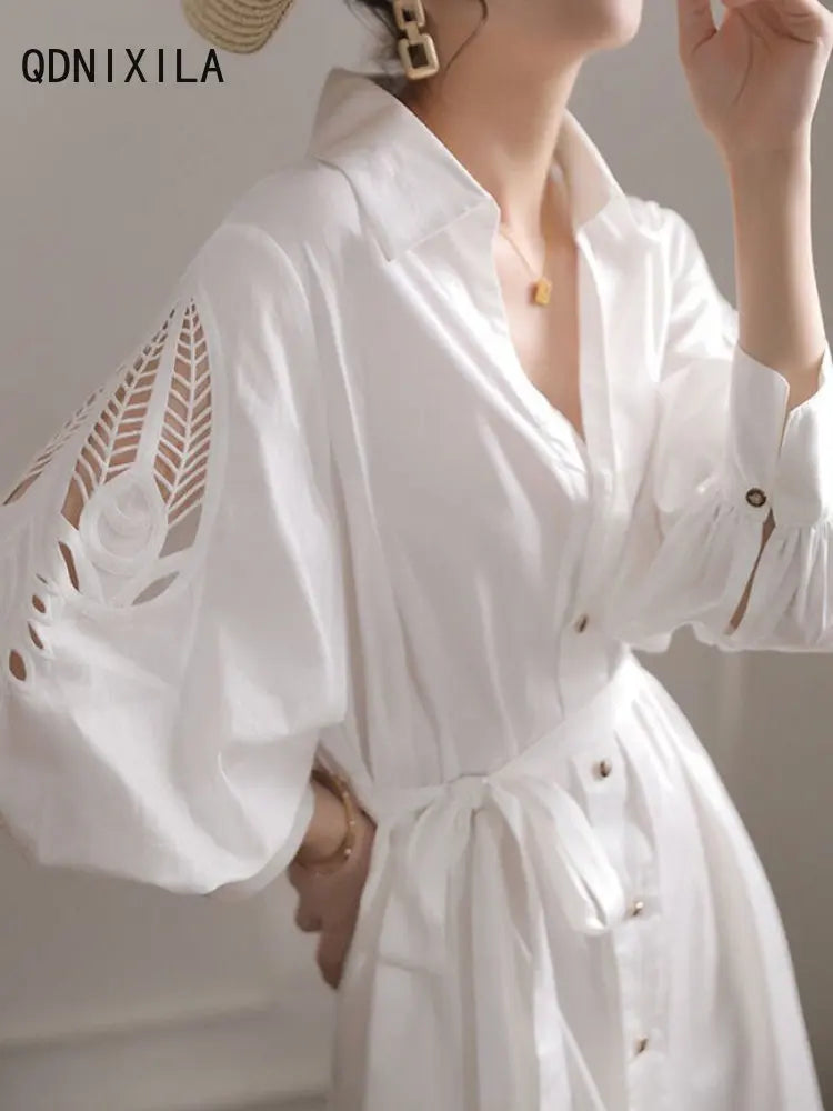 Women's Dress Hollow Out Design White Dresses Long Sleeve Shirt Summer Dress One Piece Dress Elegant and Pretty Women's Dresses