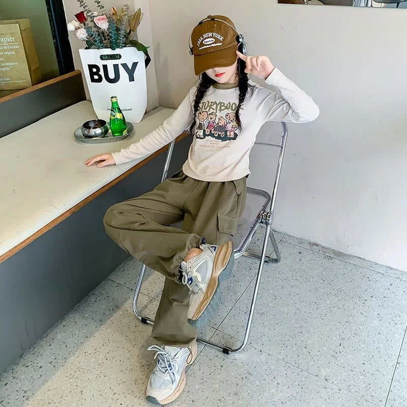 winter autumn Children set Clothes Girls tracksuit bear t shirt tops + Sport cargo pants Kid Teenager 6 7 8 9 10 11 12 year