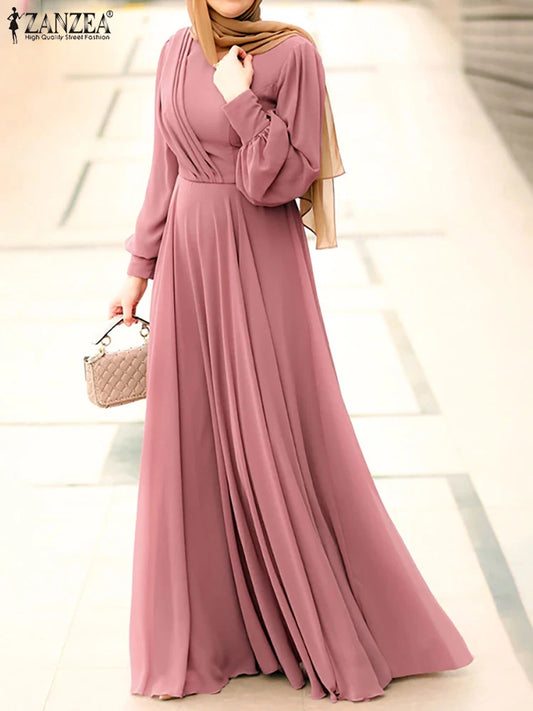 Fashion Solid Muslim Dress Women Spring Sundress ZANZEA Casual Abaya Marocain Turkish Robe Femme Lantern Sleeve Maxi