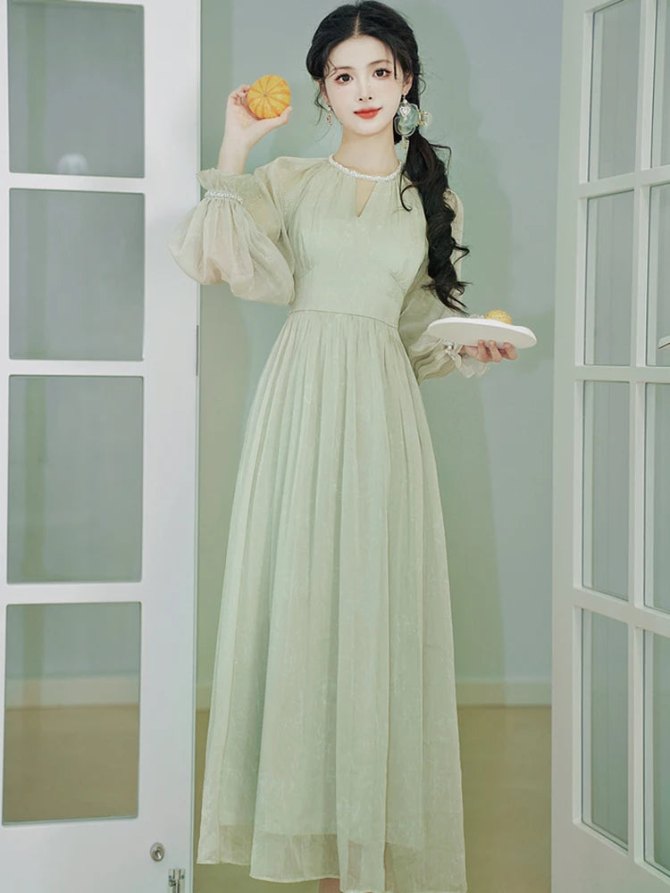 Green Chiffon Chic Diamonds V-Neck Long Dress Spring Autumn Elegant Casual Home Dresses Women Korean Fashion Party