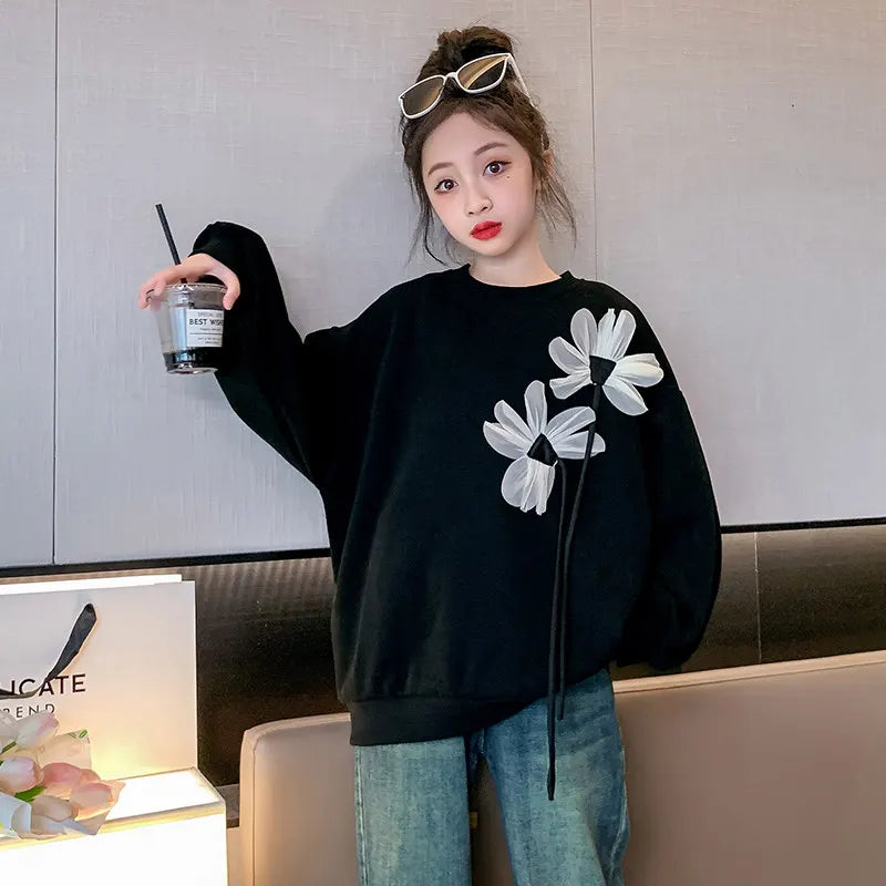 Teen Girls Black Sweatshirt Long Sleeve Tops with Flower Spring Autumn Children Clothes Casual Sweatshirt