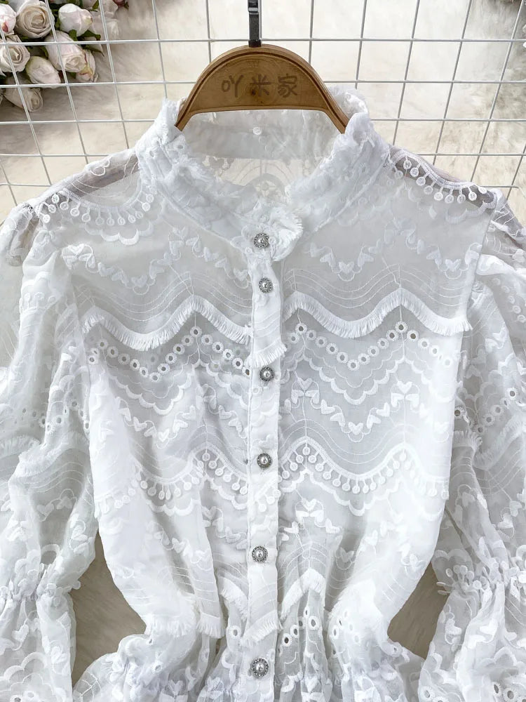 Women Shirt Retro Court Style Trumpet Long Sleeved Stand Up Collar Single Breasted Hollowed Out Lace Shirt Top