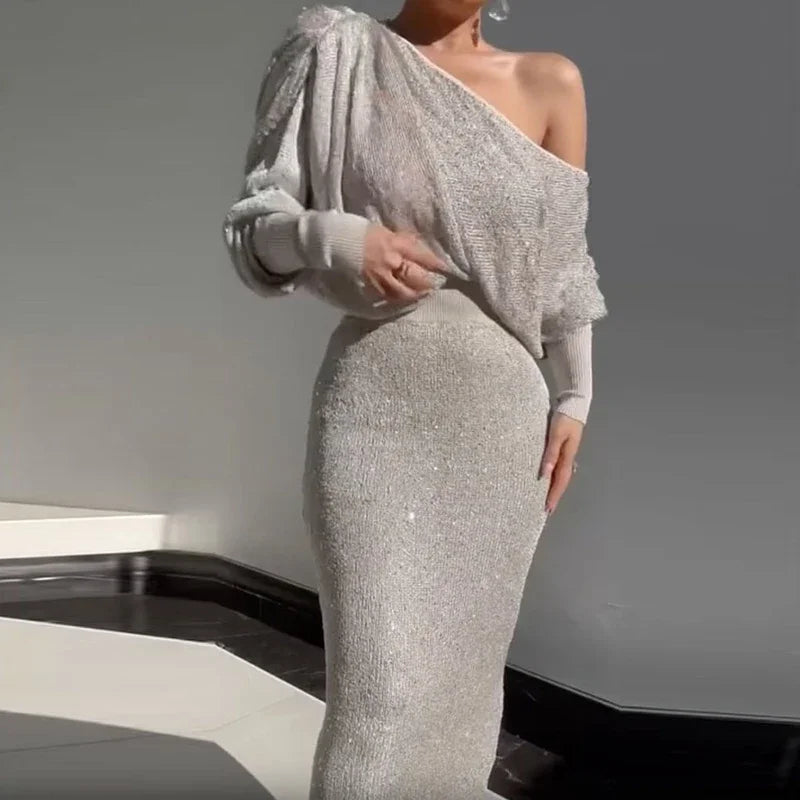 Elegant One-Sleeve Solid Lady Evening Gown Sparkle Glitter High Waist Slim Long Dress Women Sexy Skew Collar Bodycon Party Dress
