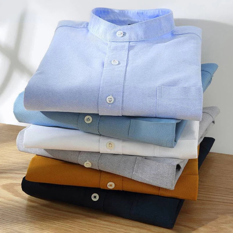 Spring and Autumn New Pure Cotton Stand Collar Oxford Spun Long Sleeve Shirt Japanese Casual No-Iron Fashion Men's Clothing