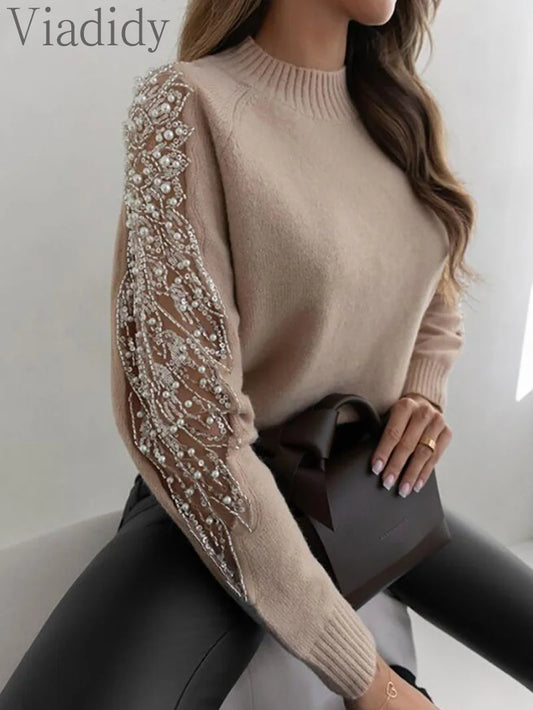 Women Casual Solid Color Contrast Sequin Beaded Sheer Mesh Patchwork Pullover Knit Sweater