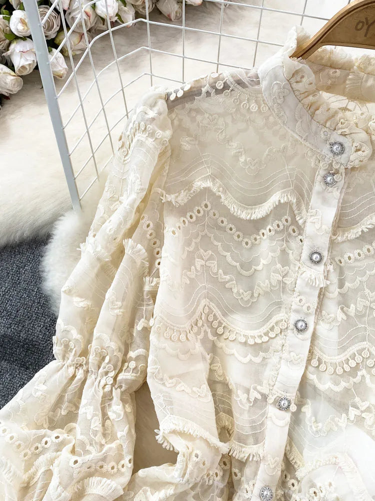 Women Shirt Retro Court Style Trumpet Long Sleeved Stand Up Collar Single Breasted Hollowed Out Lace Shirt Top