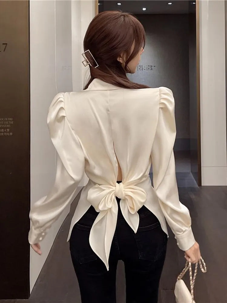 Women Back Bow Elegant Puff Sleeve Shirt Fashion Slim Casual Blouse Korean Hollow Out Turn Down Collar Tops