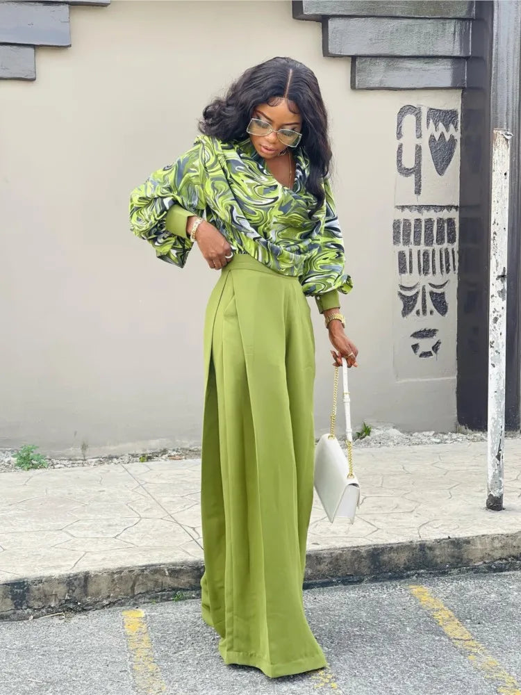 Women's Casual Suit Print  Autumn Fashion Lantern Long Sleeved Top Irregular Collar High Waist Wide Leg Women Long Pants Set