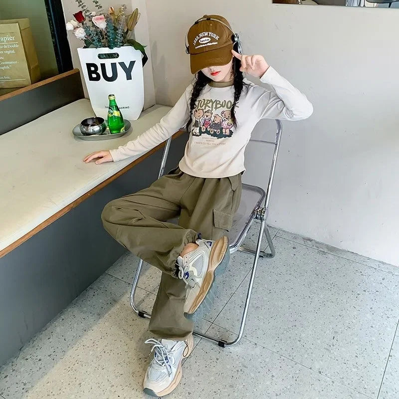 spring autumn Children set Clothes Girls tracksuit bear t shirt tops + Sport cargo pants Kid Teenager