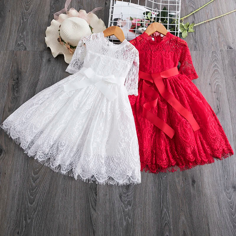 Red Long Sleeve Kids Dresses for Girls Embroidery Elegant Spring Girls Princess Party Dress Flower Lace Children Clothes 3-8 Yrs