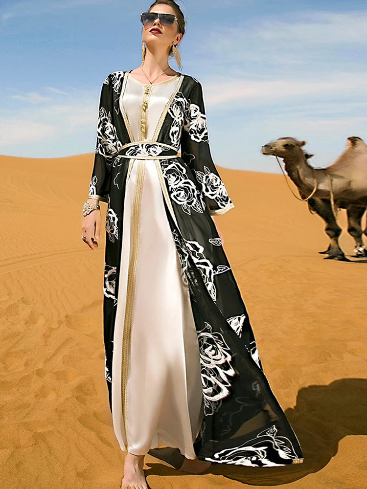woman Dress Arabic Long Sleeved Round Neck  Floral Embroidered Cardigan Two Piece
