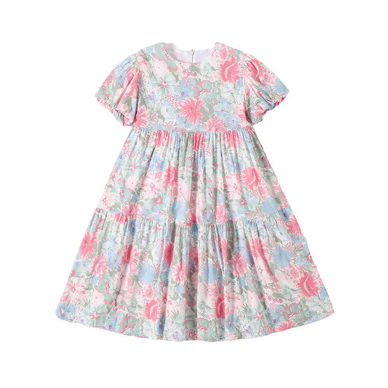 Summer Girls Printed Dress Puff Sleeve Casual Long Floral Pincess Dresses for Kids Teenage Children Clothes