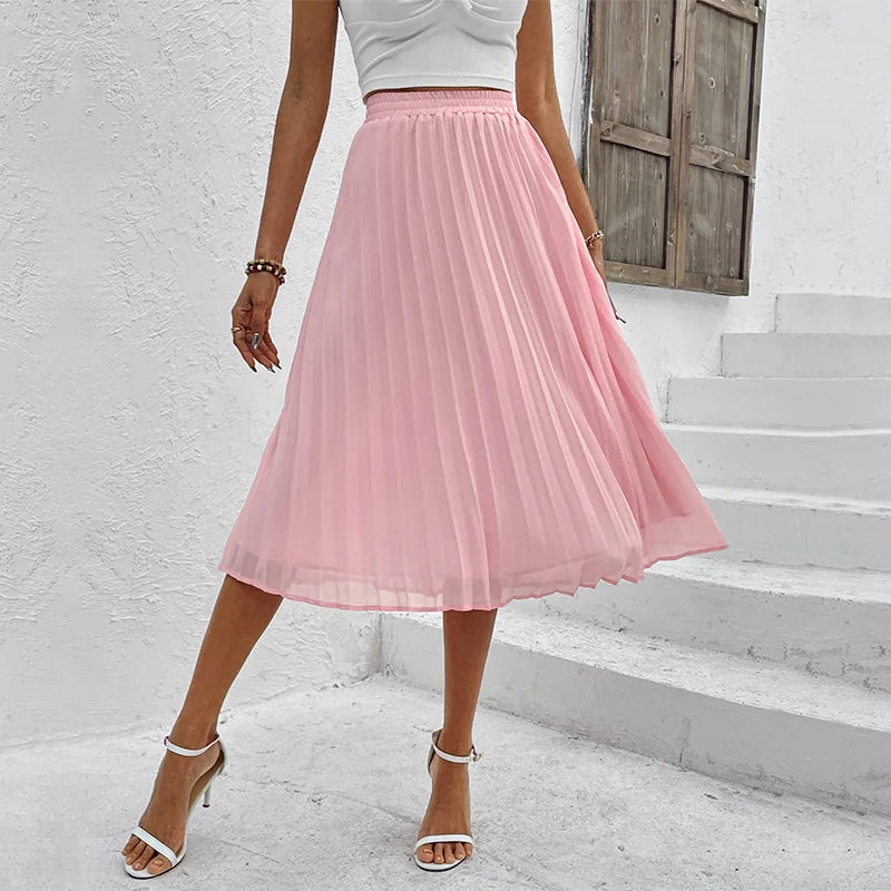 Women's Casual Chiffon Elastic Waist A-Line Pleated Midi Skirt Swing Skirt