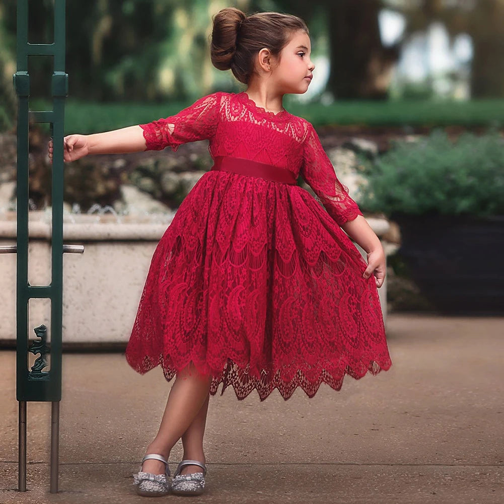 Red Long Sleeve Kids Dresses for Girls Embroidery Elegant Spring Girls Princess Party Dress Flower Lace Children Clothes 3-8 Yrs