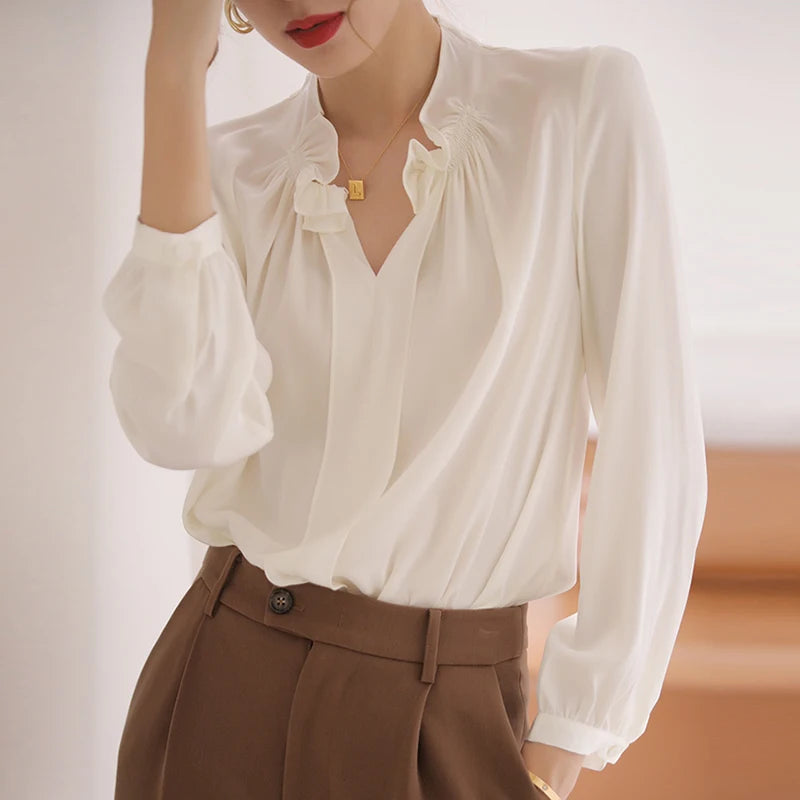 Loose Silk Casual Pleated Long Sleeve Tops Women Long Sleeve Vintage Shirt V-Neck Elegant Satin White Blouse