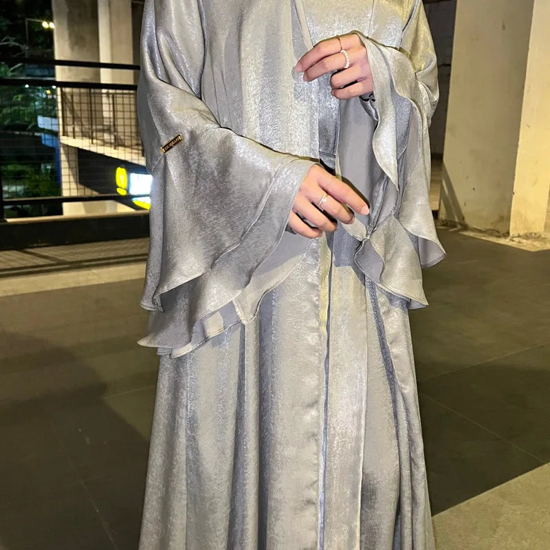 Open Abaya 2 Piece Set Modest Flare Sleeve Satin Islamic Under Dress for Women with Abayas Matching Muslim Suit Islam Sets