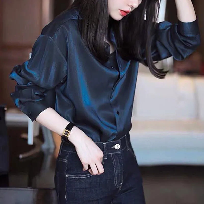 Comfortable Turn-down Collar All Seasons Women's Clothing Chiffon Trend All-match Korean Solid Color Long Sleeved Blouses