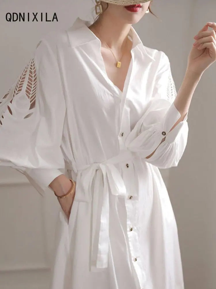 Women's Dress Hollow Out Design White Dresses Long Sleeve Shirt Summer Dress One Piece Dress Elegant and Pretty Women's Dresses