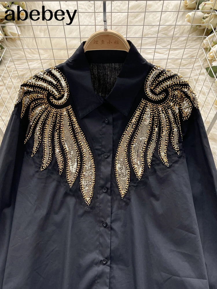 Wing Chiffon Shirt Women Elegant Lapel Long Sleeve Spring Lady Slim Casual Blouse