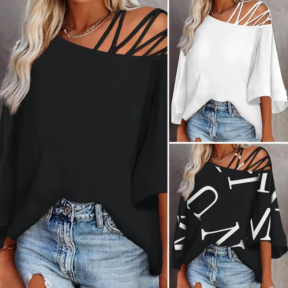 Soft Women Blouse Soft Breathable Women's T-shirt Hollow Out One Shoulder Oblique Neck Solid Color Letter Print Loose Fit Three