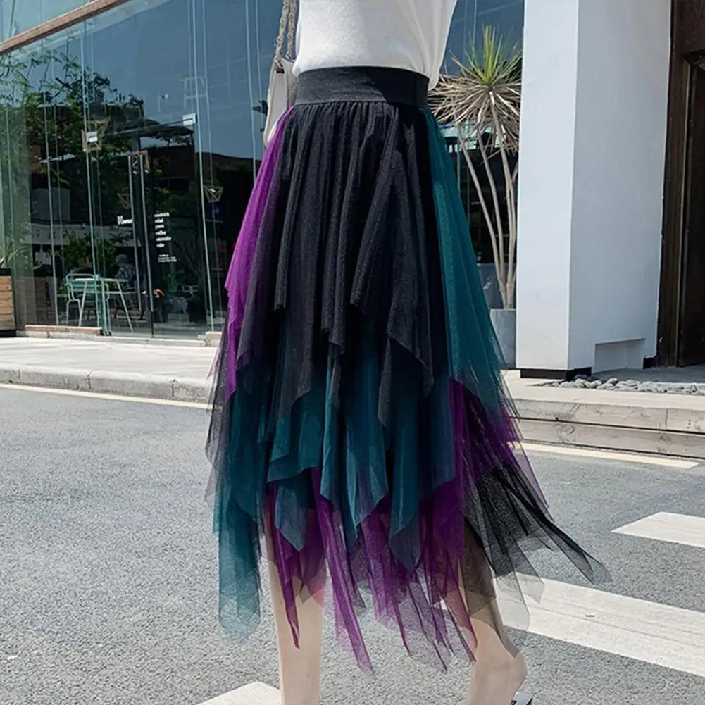 Irregular Gradient Color Skirt Colorful Mesh Multi-layered Midi Skirt with High Elastic Waist for Women Irregular Soft for Women
